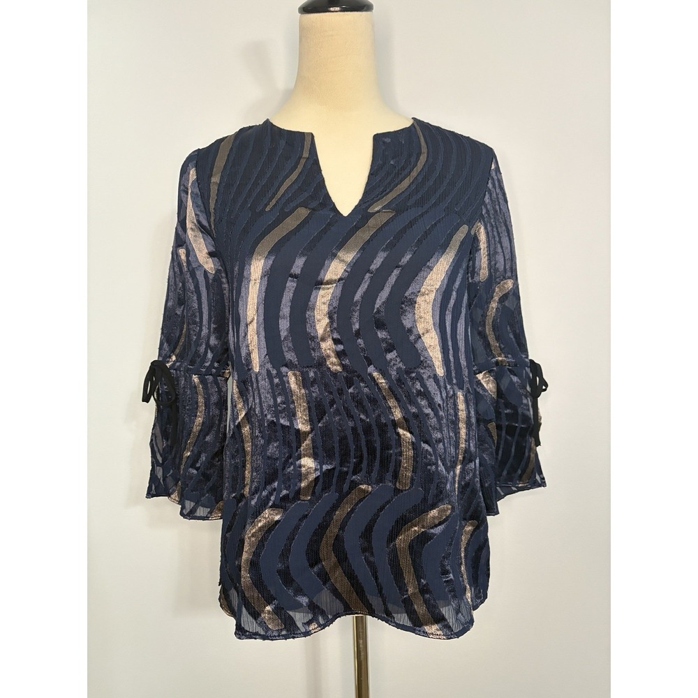 Lafayette 148 New York Sela Navy Gold Metallic Fil Coupe Wave Blouse Top Small